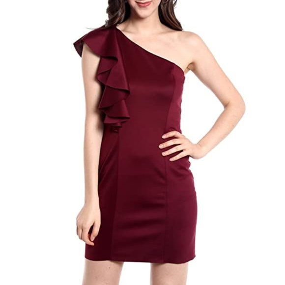 NWT Wine Maroon One Shoulder Ruffle Cocktail Dress - Picture 2 of 3